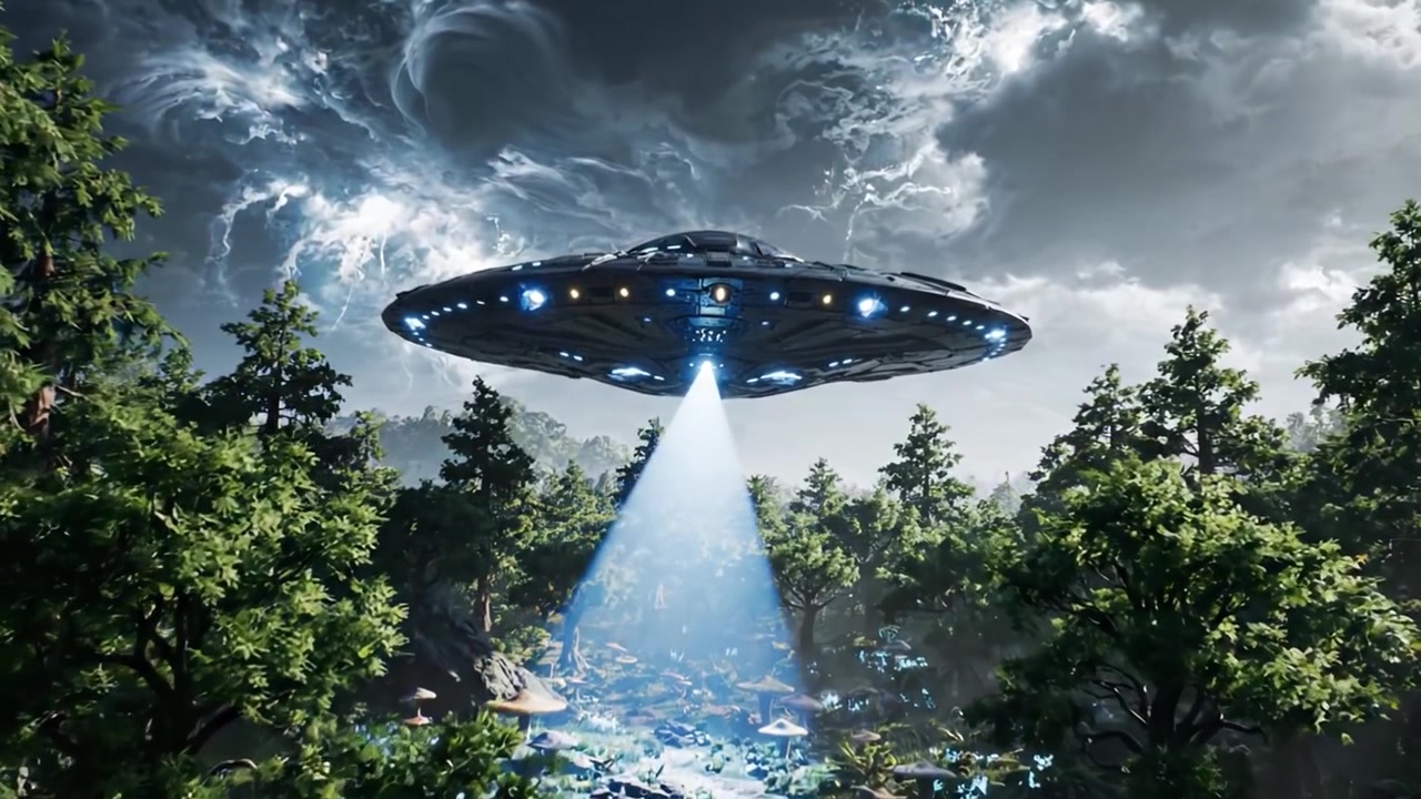 A Mysterious UFO Hovers Over a Lush Forest Landscape Beneath an Ominous Sky, Invoking Curiosity About Extraterrestrial Life and Adventures Beyond Our Planet