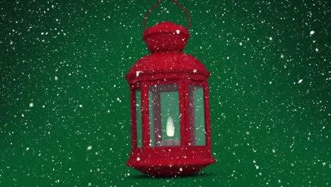 animation of snow falling over red lantern on green background