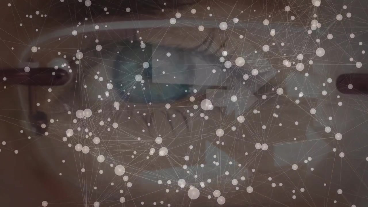 Animation of connections over eye of caucasian woman