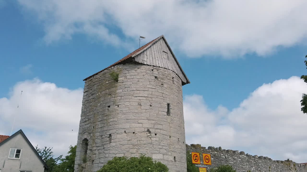 Mill Tower with part of Visby city wall on Gotland island, low angle