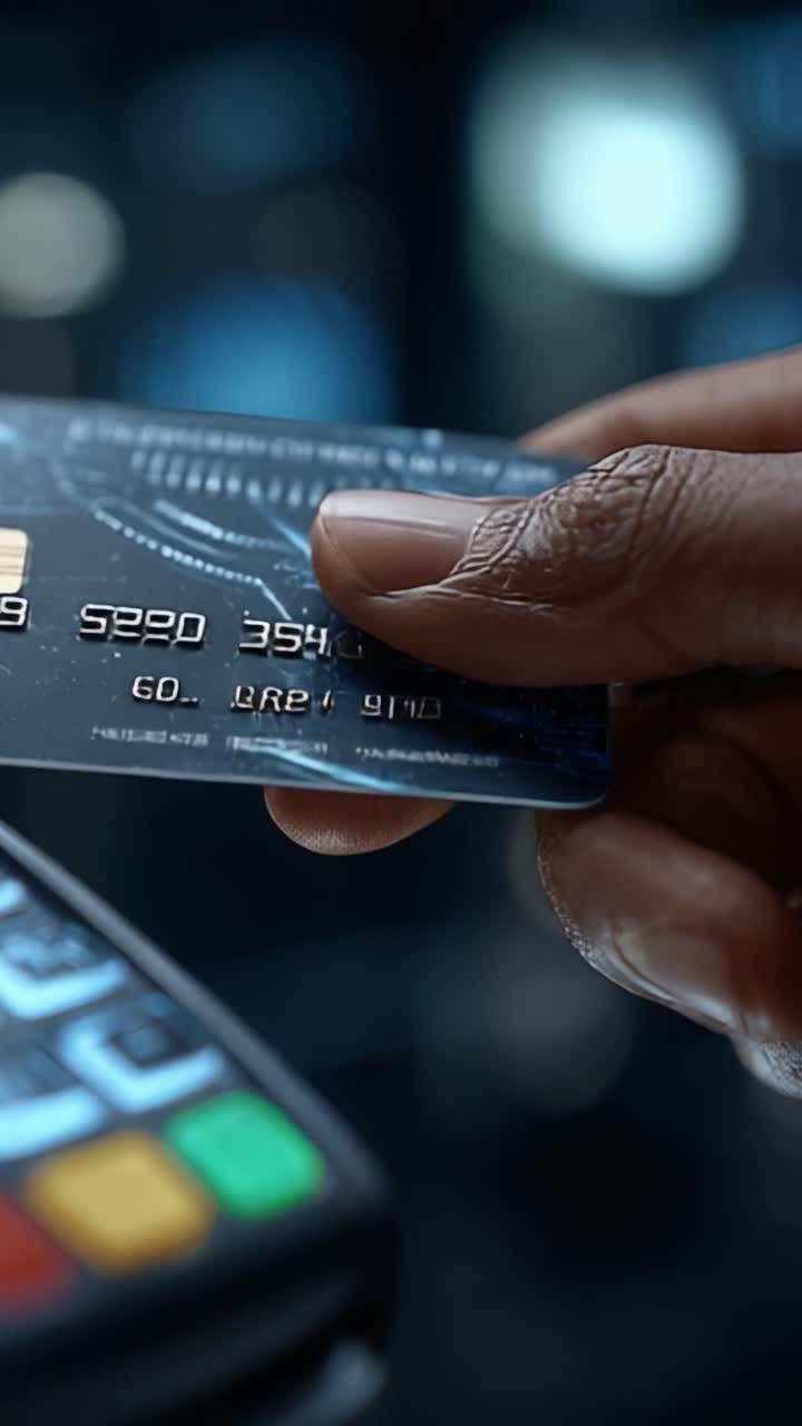 Un primo piano di una mano che tiene una carta di credito pronta per una transazione su un terminale di pagamento, catturando il momento dell'interazione digitale e del commercio moderno.