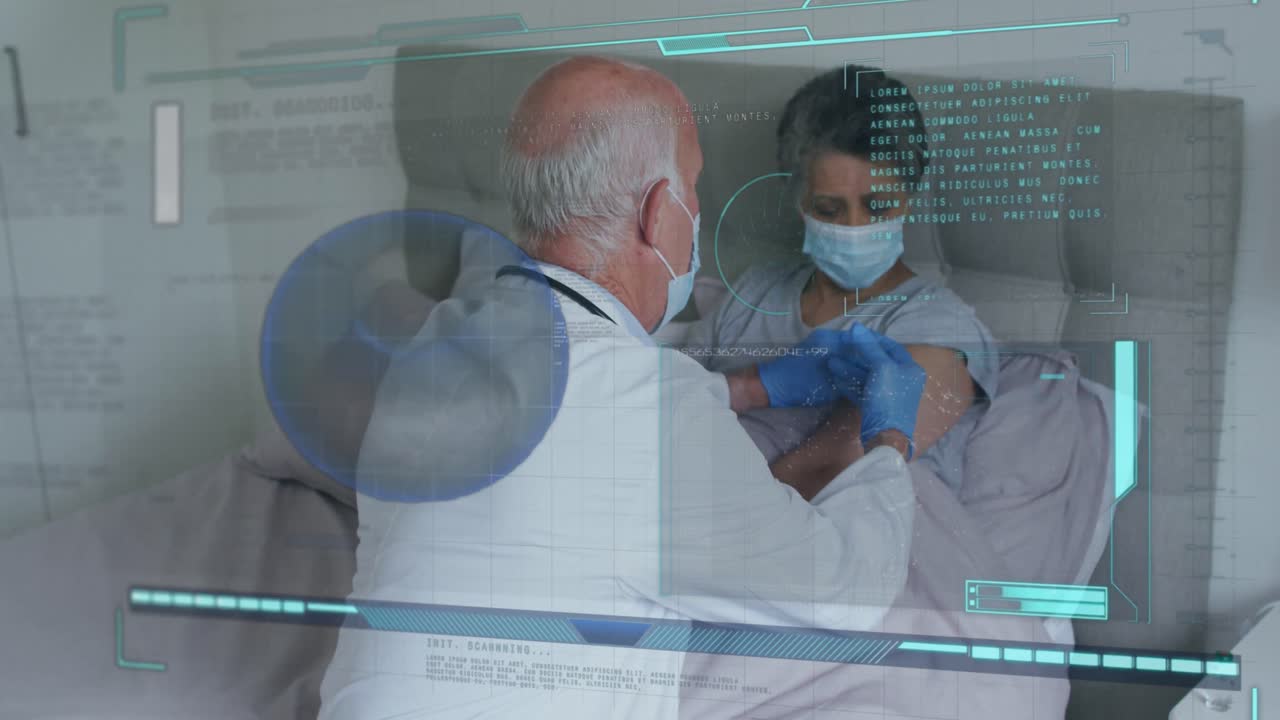 animación del procesamiento de datos sobre un médico caucásico con un paciente anciano