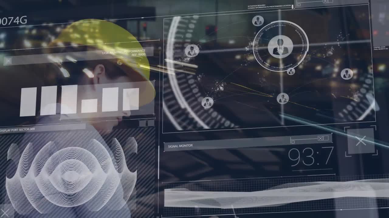 animación del procesamiento de datos sobre la mujer que trabaja contando el stock en el centro de envío de almacenes