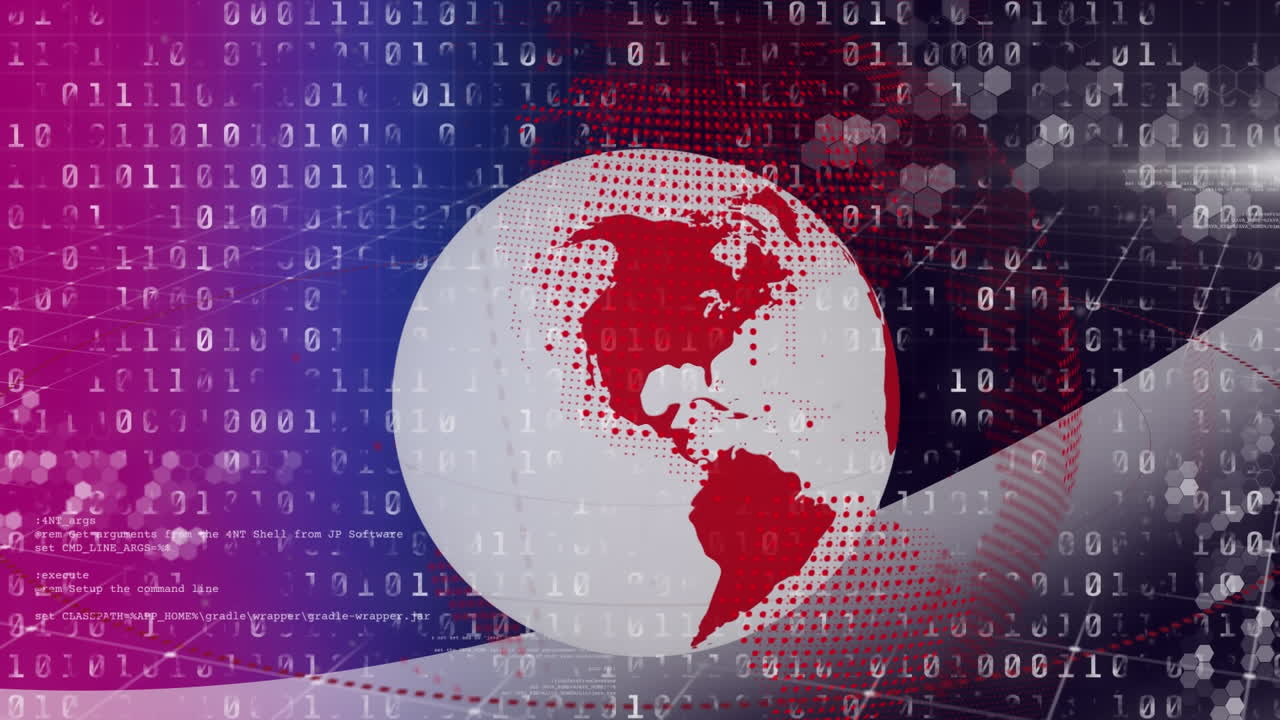 Animation of binary coding and data processing over spinning globe against purple background