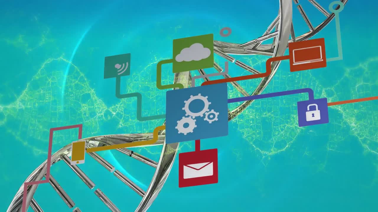 анимация цепи днк, вращающейся над плавающим человеческим телом.