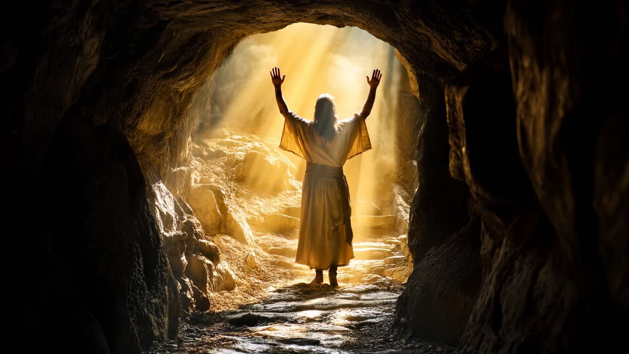 A backlit figure in a robe walks out of a cave, bathed in golden light