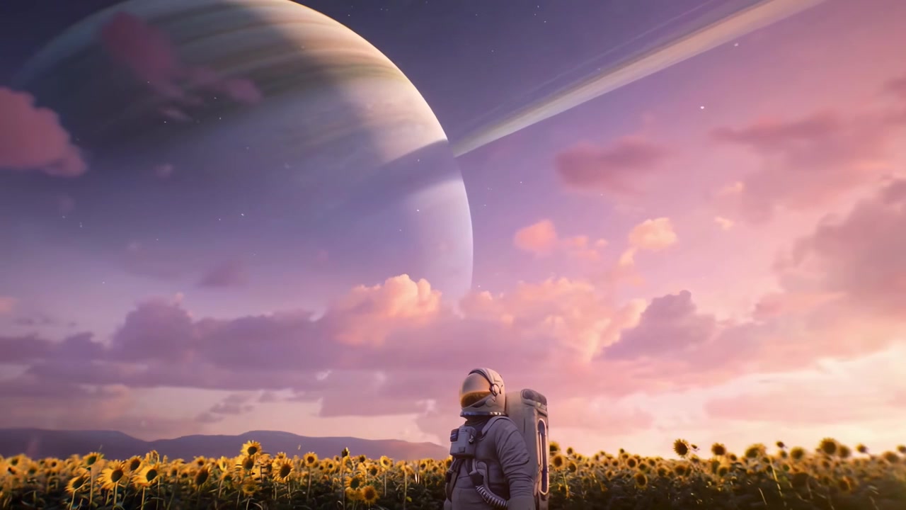 Astronaut Walking Through a Vast Sunflower Field Under a Giant Planet