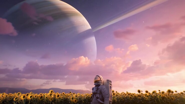 Astronaut Walking Through a Vast Sunflower Field Under a Giant Planet