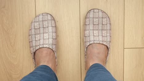 Person Wearing Slippers on Wooden Floor