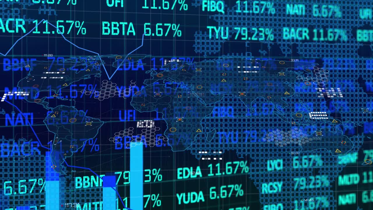 Animation of financial data processing and statistics over world map on black background