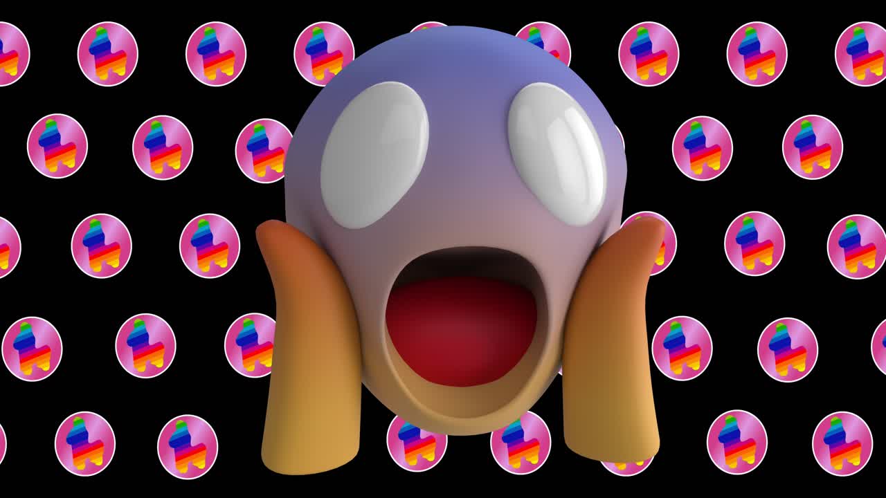 Animation of shocked scream emoji over colourful toy icons repeated on black background