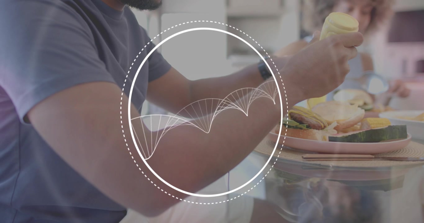 Man squeezing mustard onto sandwich starting waveform overlay while woman biting in food tutorial