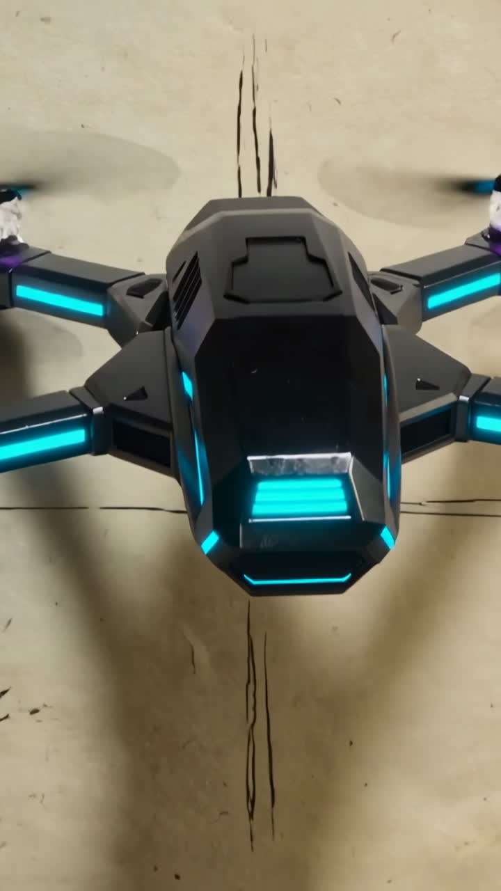 Animerad Futuristisk Drönare med Glödande Neonljus som Flyger