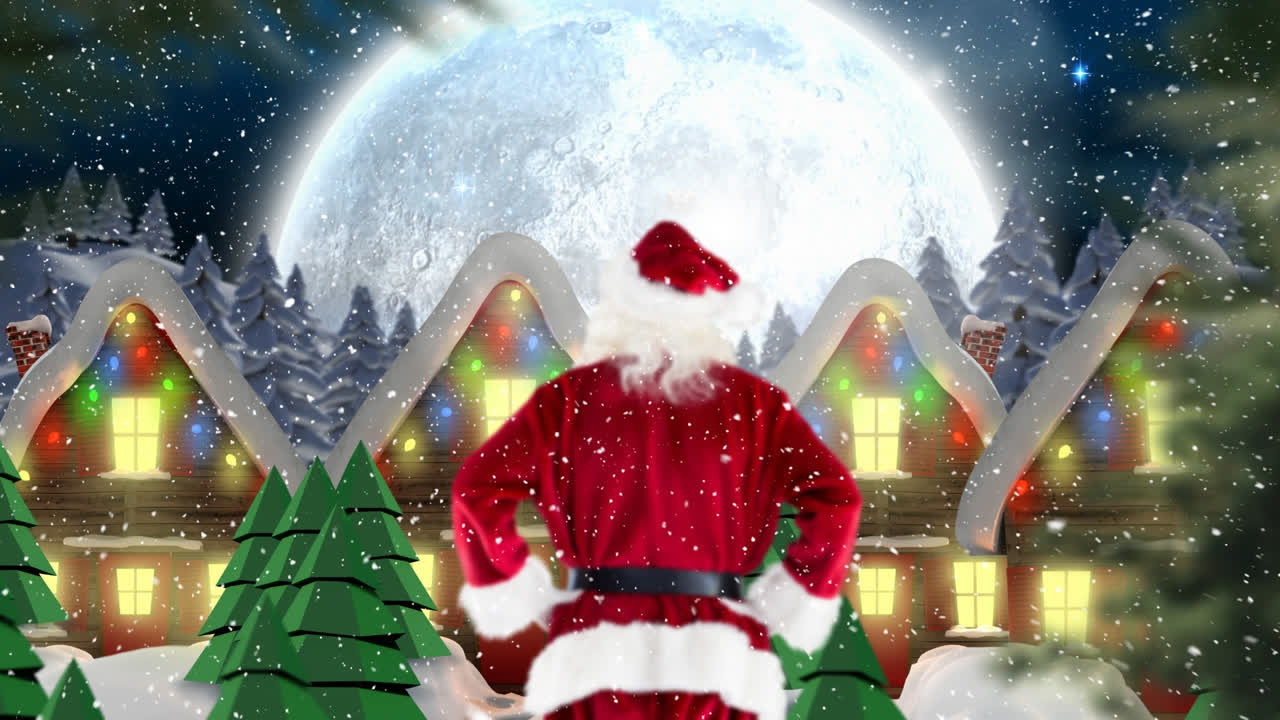 산타클로스의 뒷면과 겨울 풍경의 여러 집과 나무에 눈이 내리고 있습니다.