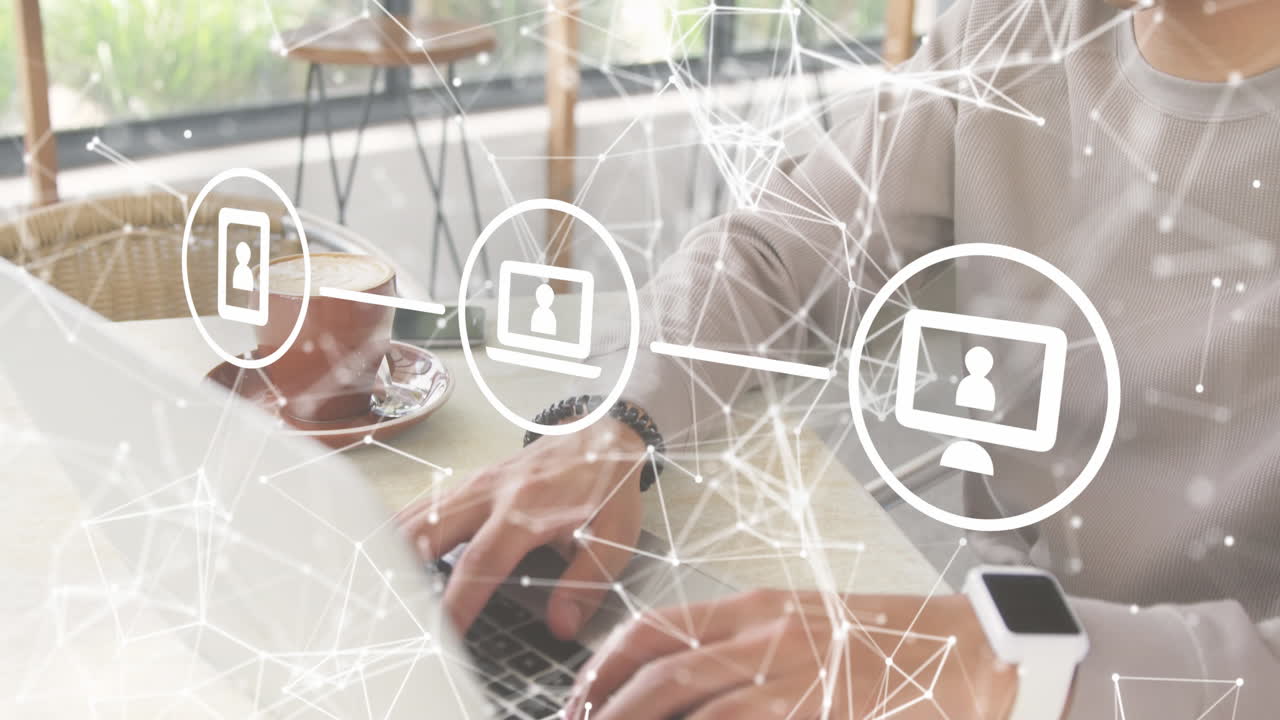 Animation of data processing and networks over man using laptop