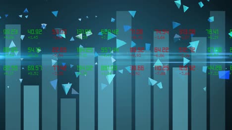 Animation-Der-Datenverarbeitung-Und-Statistikaufzeichnung-Mit-Schwebenden-Dreiecken-Auf-Blauem-Hintergrund