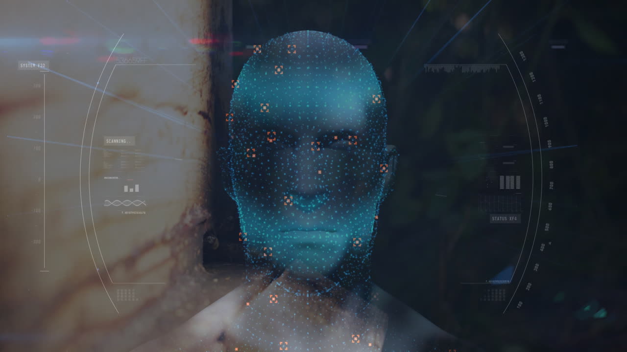 Face scanning digitally with abstract data visualization elements in background