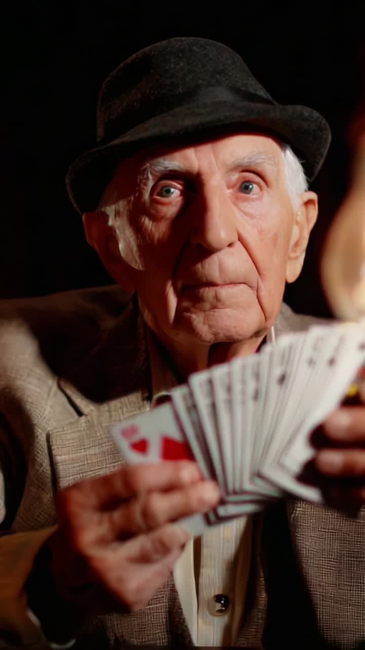 Un gentiluomo anziano tiene in mano delle carte da gioco, mostrando intensa concentrazione ed esperienza in un ambiente scarsamente illuminato, catturando un momento senza tempo di gioco di carte