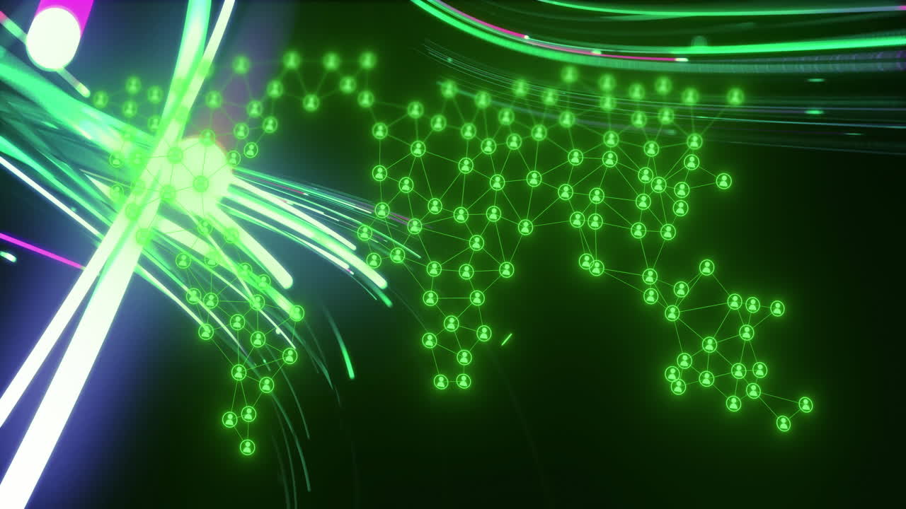 세계 지도에 대한 연결 네트워크 및 데이터 처리 애니메이션