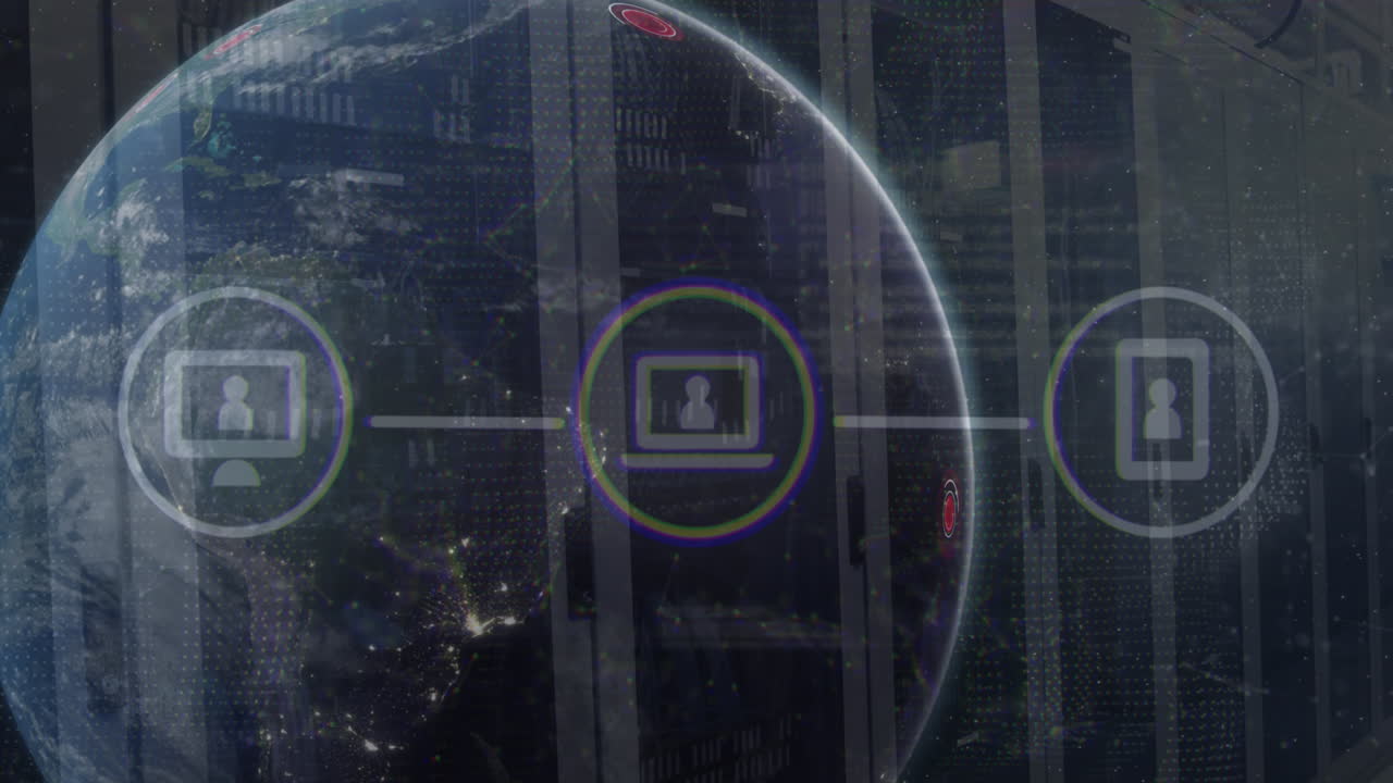 animación de teléfono, portátil, computadora en diagrama de flujo con globo y puntos conectados sobre la sala del servidor