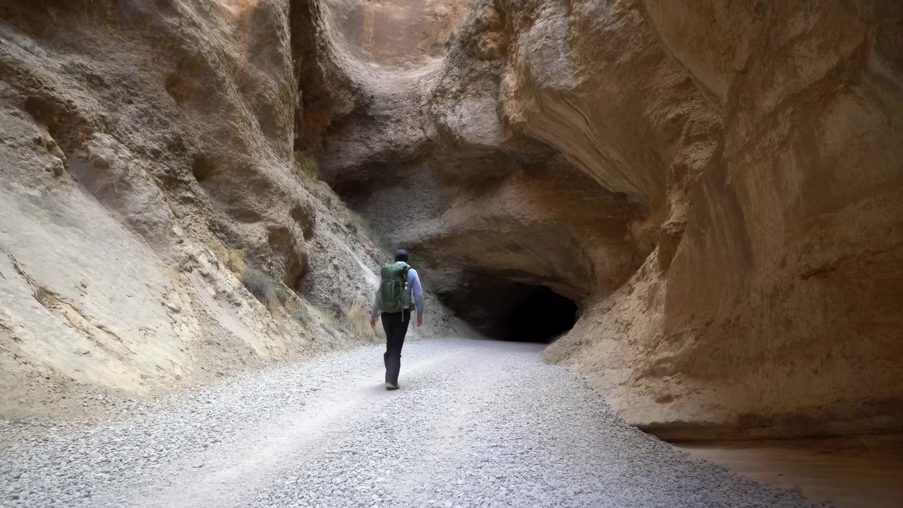Escursionista con zaino si addentra costantemente in un corridoio roccioso tortuoso, visto da dietro, con pareti color sabbia texturizzate, terreno ghiaioso e un'apertura in ombra più avanti