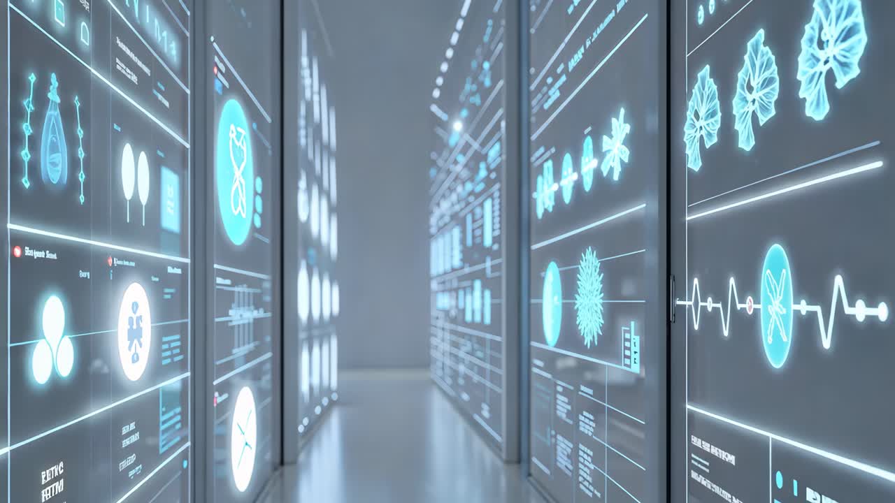 Futuristic Data Center with Visualization Screens