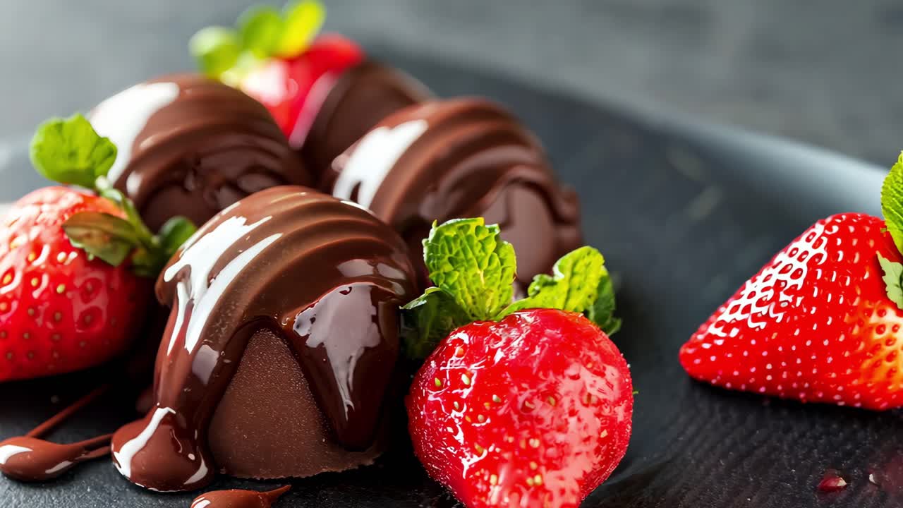 Chocolate drenched strawberries gleaming with glossy coating, adorned with fragrant mint leaves, presenting elegant gourmet dessert artistry on pristine plate