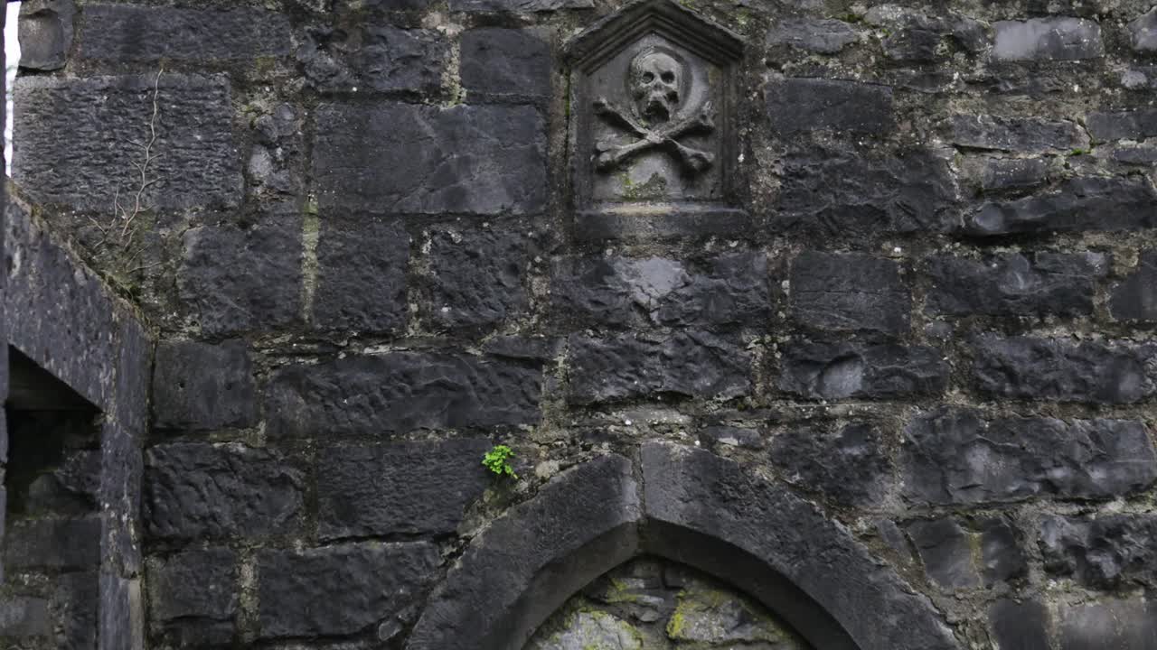 Primo piano di intagli gotici usurati raffiguranti teschio e tibie incrociate su una facciata storica, sulla Finestra commemorativa di Lynch a Galway.