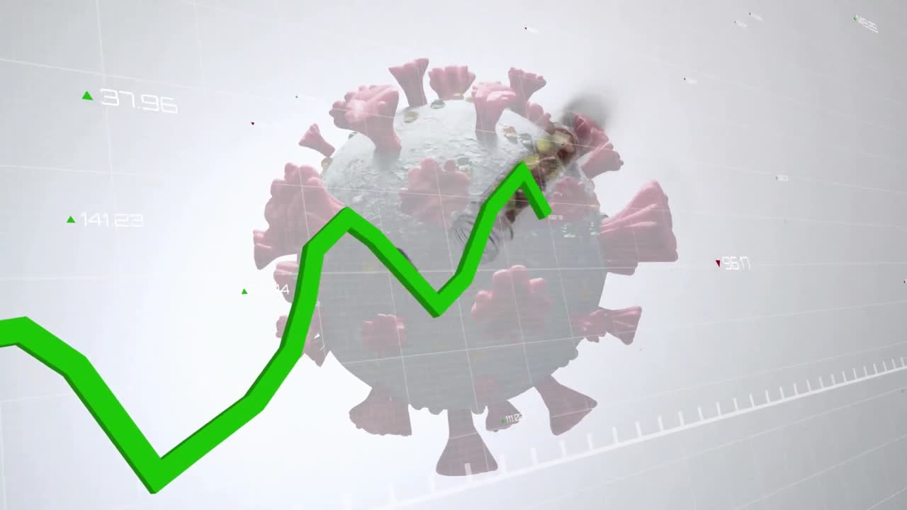 animación del diagrama y el procesamiento de datos sobre la célula de macro covid-19 flotante y la caja de píldoras que cae