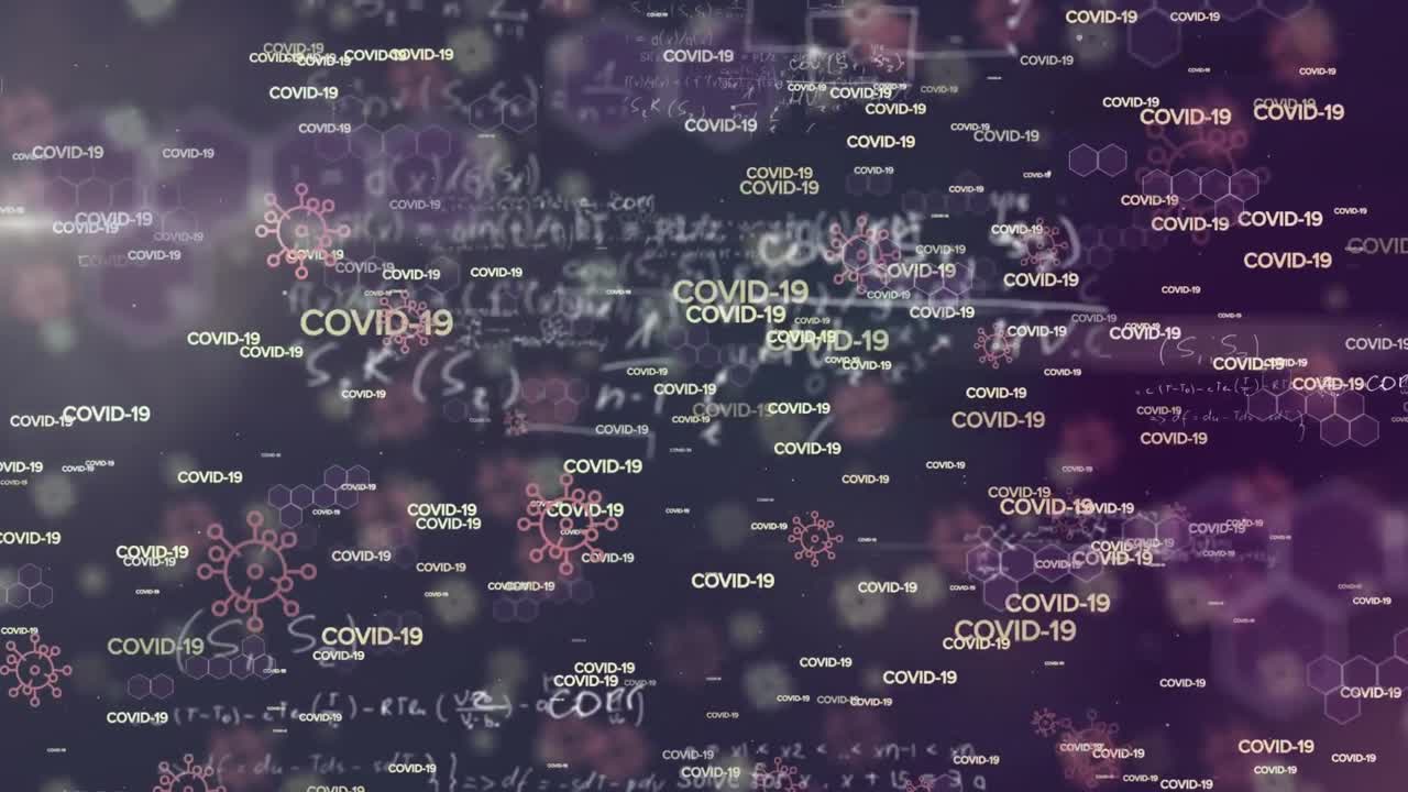 Animation of COVID-19 information written in white capital over formulas in a purple background