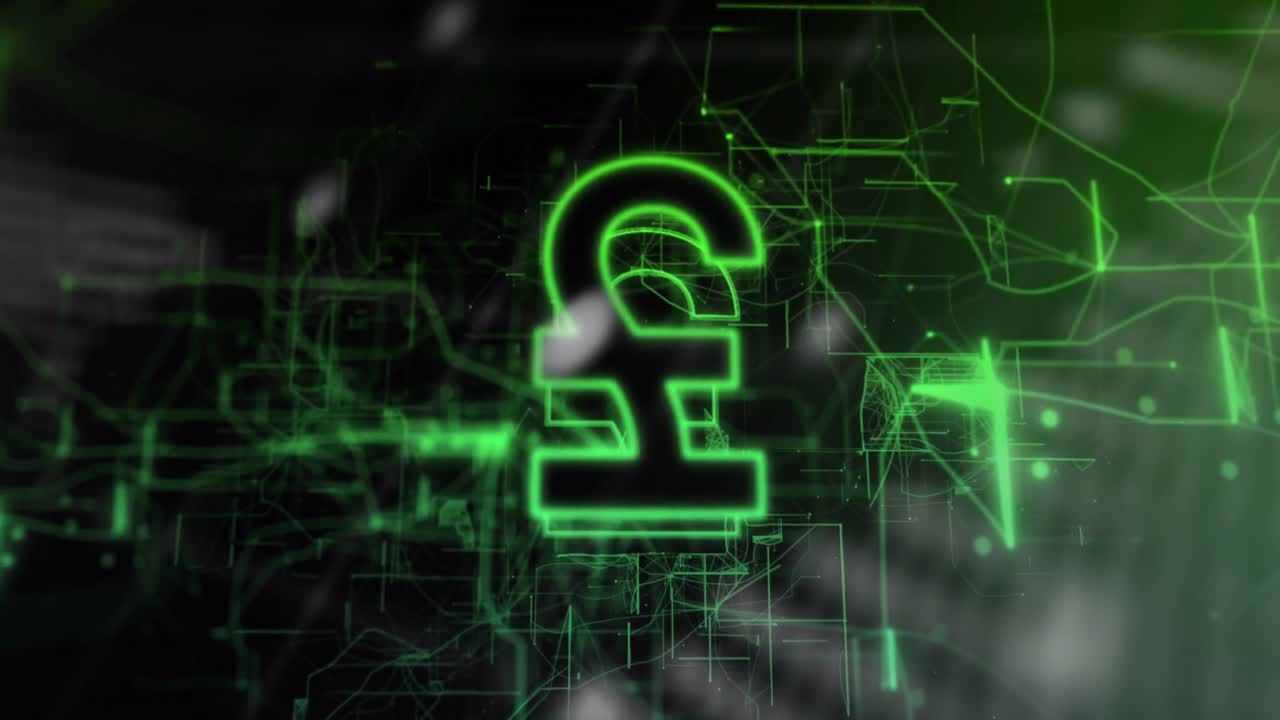 Onda verde surgindo ao longo do código de cabos, símbolo de libra desaparecendo conectando o mapa mundial e as linhas de rede