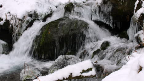 close up of a small waterfall flowing over rocks and ice in a snow covered forest in chugach state park alaska