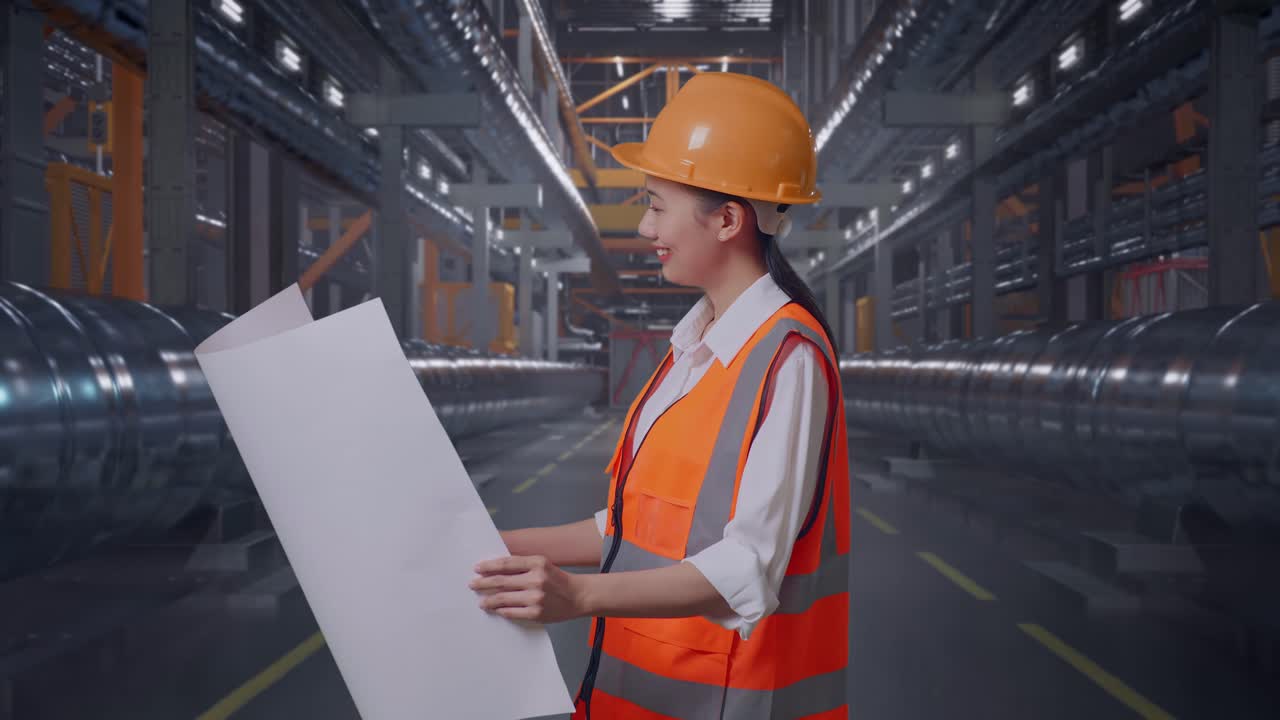 Side View Of Asian Female Engineer With Safety Helmet Looking At Blueprint In Her Hands And Looking Around While Standing With Metal Pipes