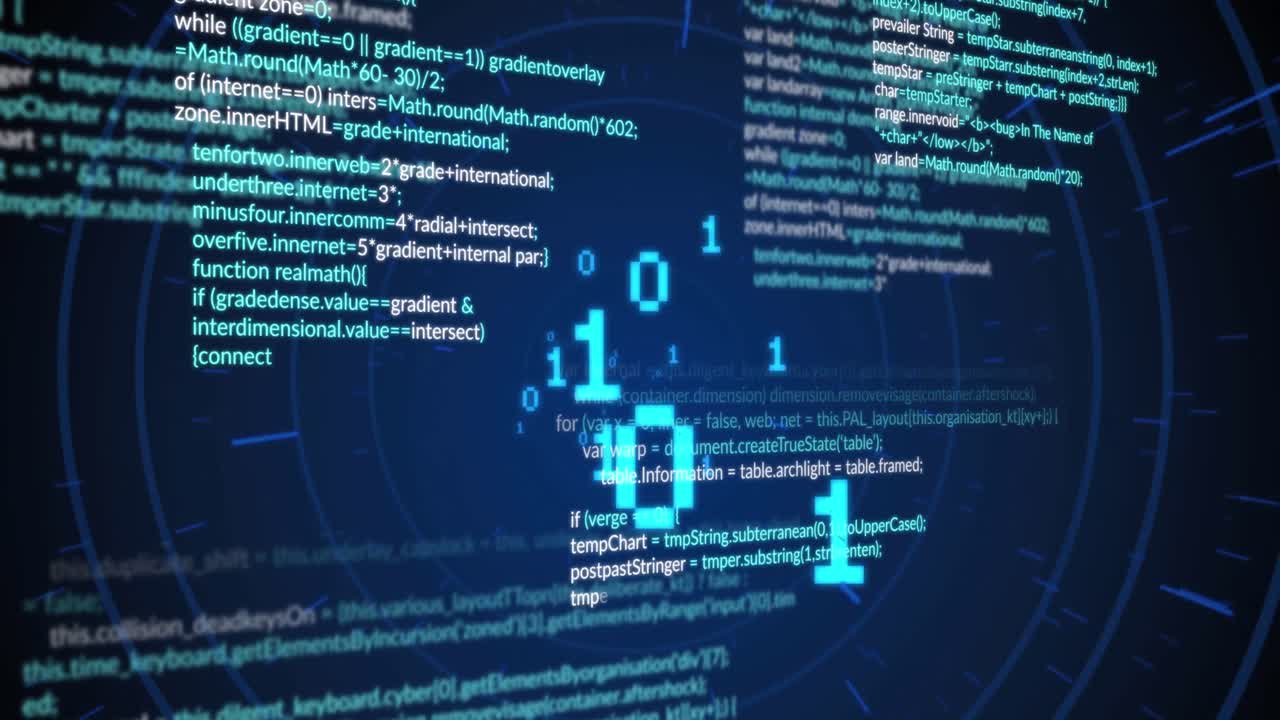 Animation of data processing and circles on black background