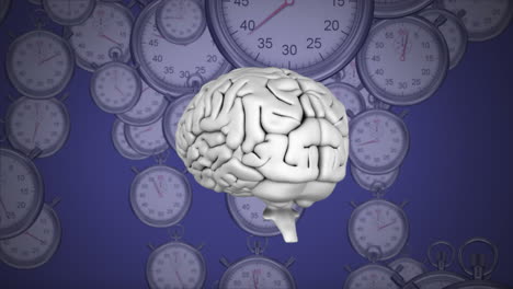 spinning brain against clocks on a purple background