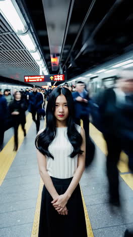 young woman in a busy subway station