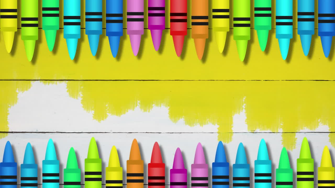 Animation of colored crayons against yellow painted wooden background with copy space