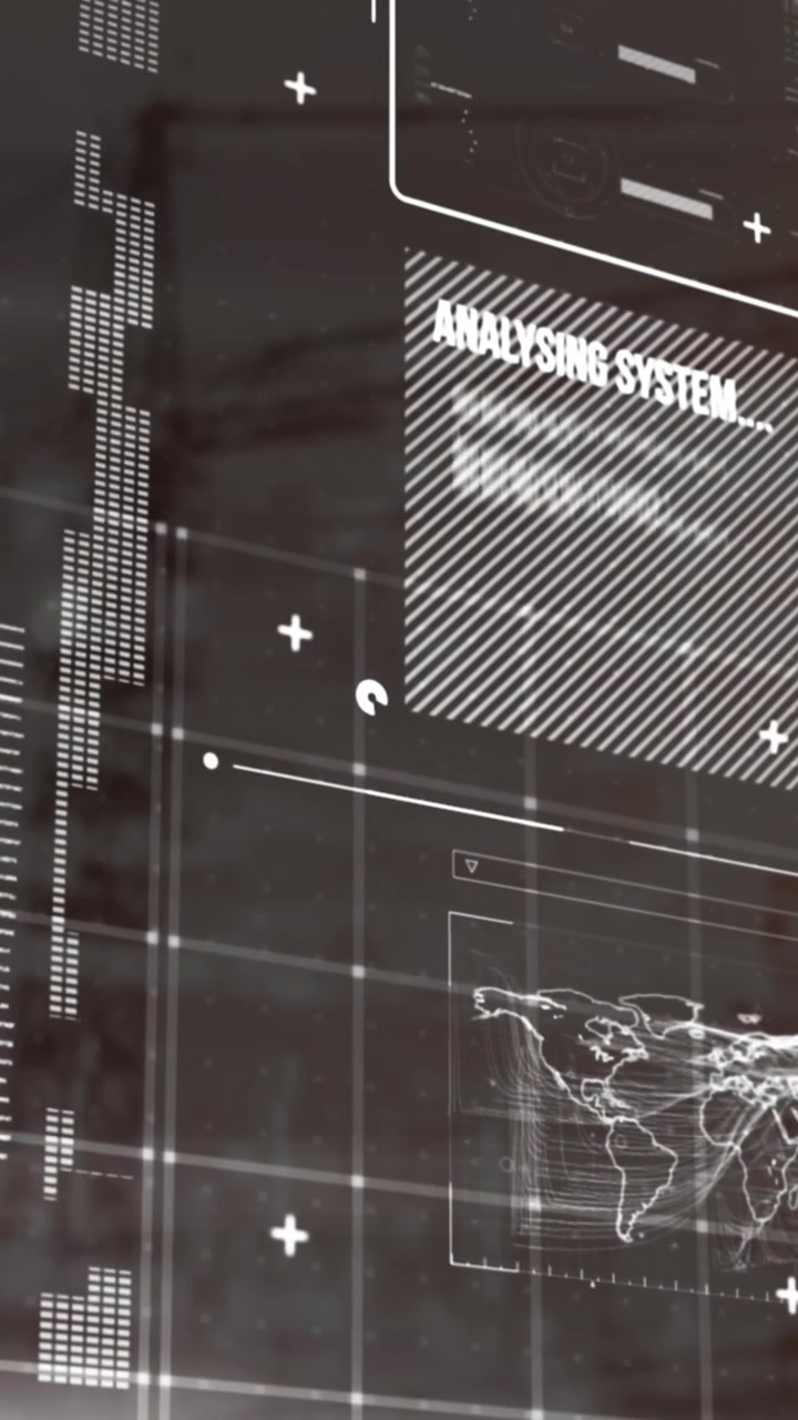 Animation of data processing and statistics over grid on blue background