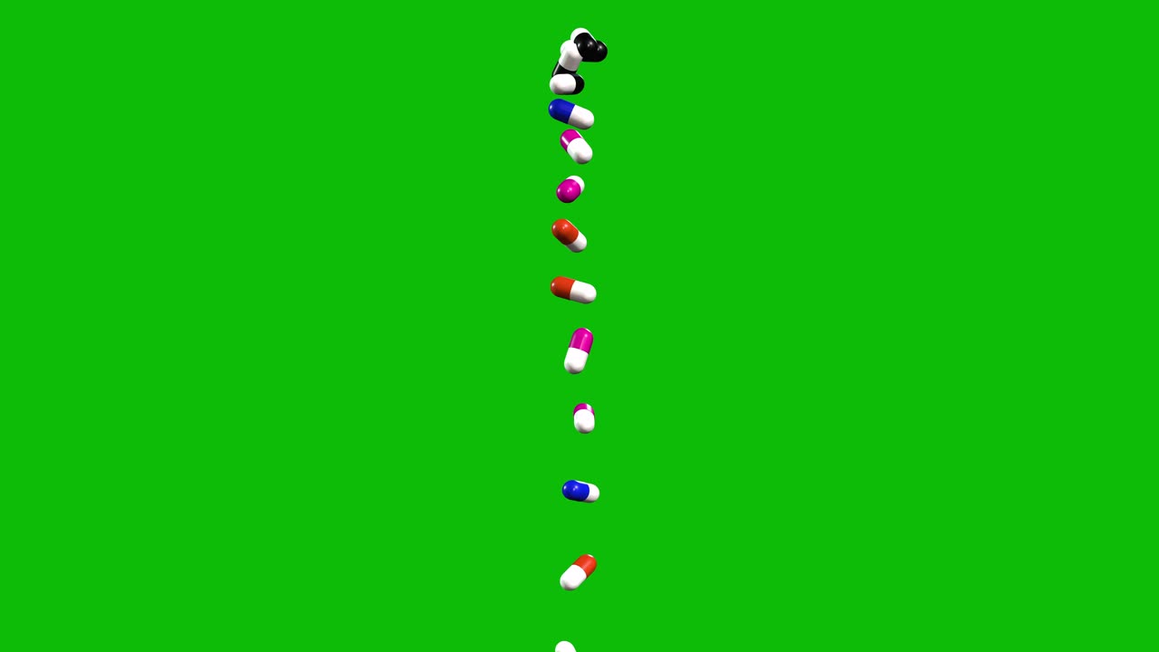 녹색 화면 3d 애니메이션에 프레임의 꼭대기에서 줄로 떨어지는 다양한 색상의 알약