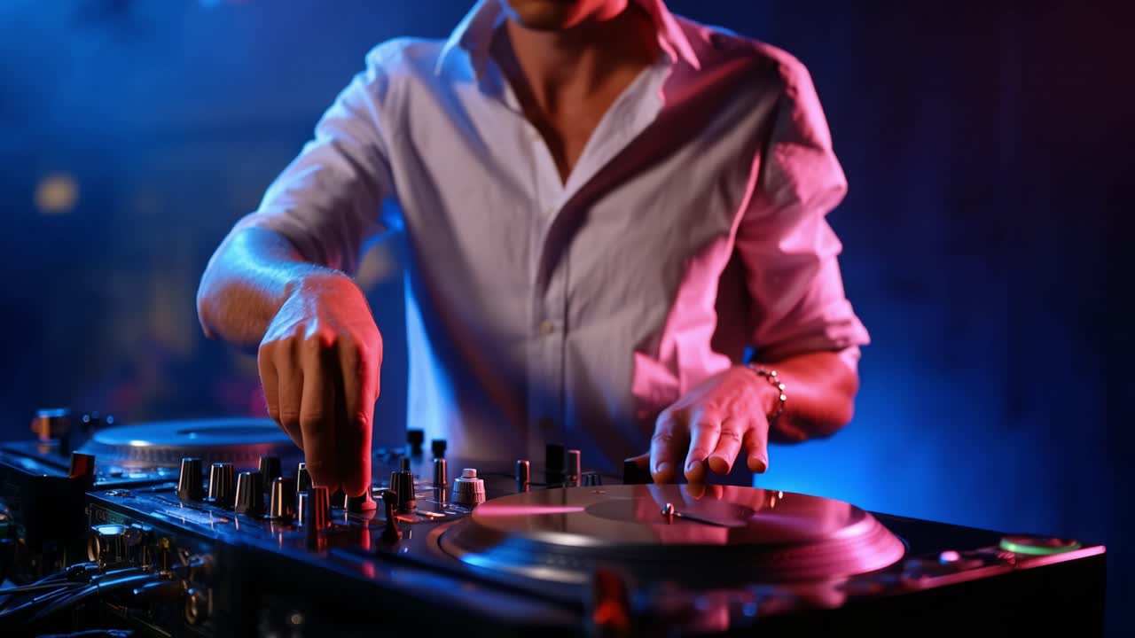 DJ mixa musica ai giradischi a una festa in discoteca.