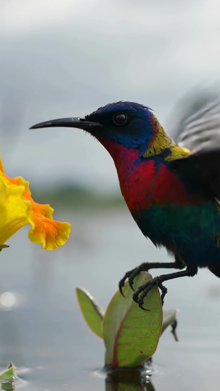 Video verticale: Proveniente da destra, un uccello si libra su una foglia sopra uno stagno, sondando un fiore giallo in cerca di nettare.