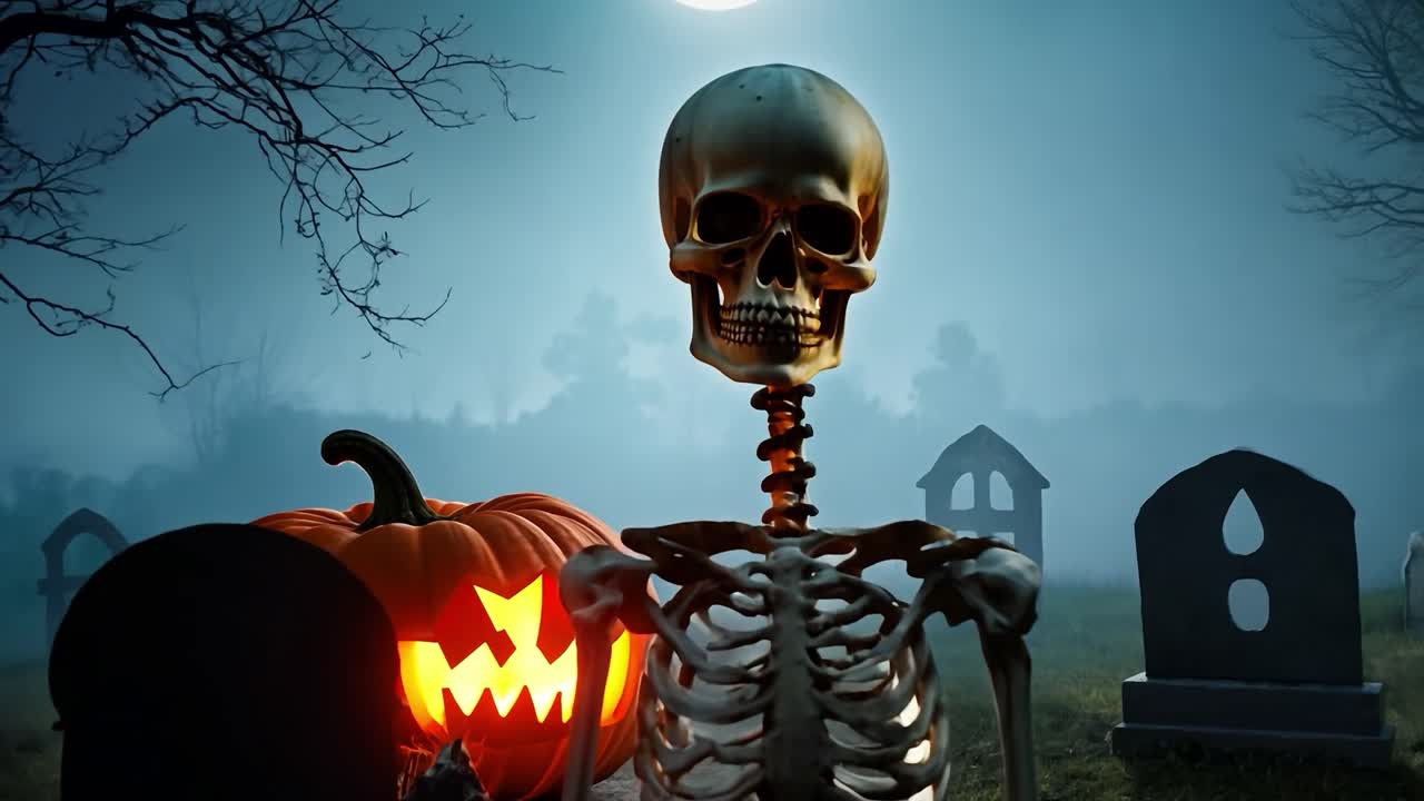 un esqueleto espeluznante se levanta en un cementerio por la noche, acompañado por una linterna jack o 'brillante. las sombras bailan mientras la niebla envuelve la escena, creando una misteriosa atmósfera de halloween