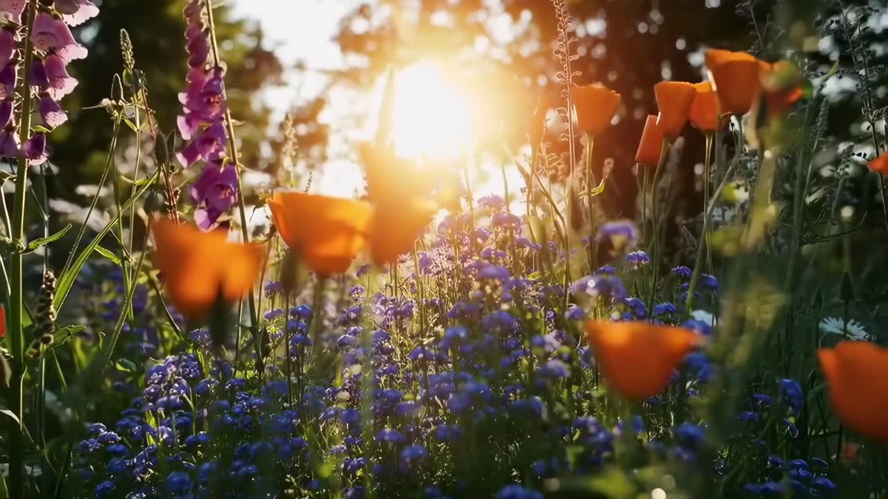 Fiori baciati dal sole in un giardino, ripresi con un'angolazione bassa, che creano una scena video serena.
