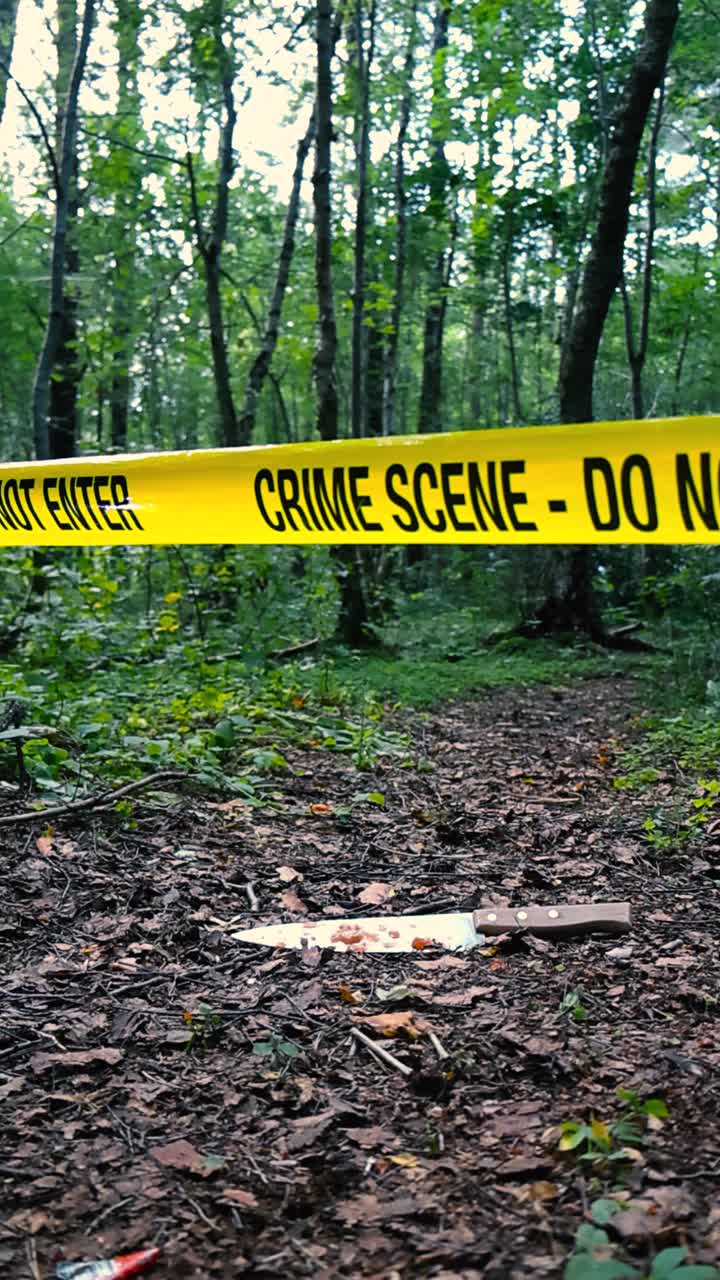 Vertically filmed video of a bloody kitchen knife on a leafy brown hiking road at a forest with yellow colored police Crime Scene forensics tape hanging above it. Sunny day and background is bokeh
