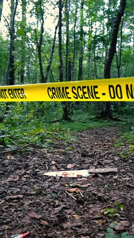 vertically filmed video of a bloody kitchen knife on a leafy brown hiking road at a forest with yellow colored police crime scene forensics tape hanging above it. sunny day and background is bokeh