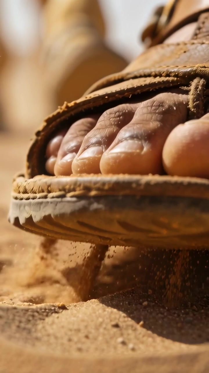 Video verticale: Piede con sandalo di pelle che affonda nella sabbia delle dune, camminando e spargendo sabbia.