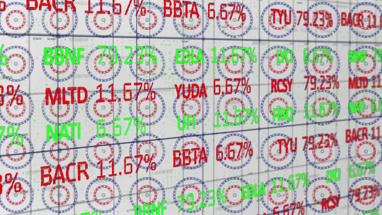 주식 시장 데이터 처리 백색 배경에 회전하는 원에 여러 별에 대하여