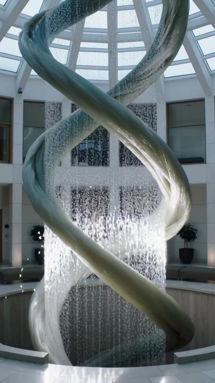Video vertical: Fuente de doble hélice con chorros de agua formando una cortina en un atrio, con una claraboya destellando.