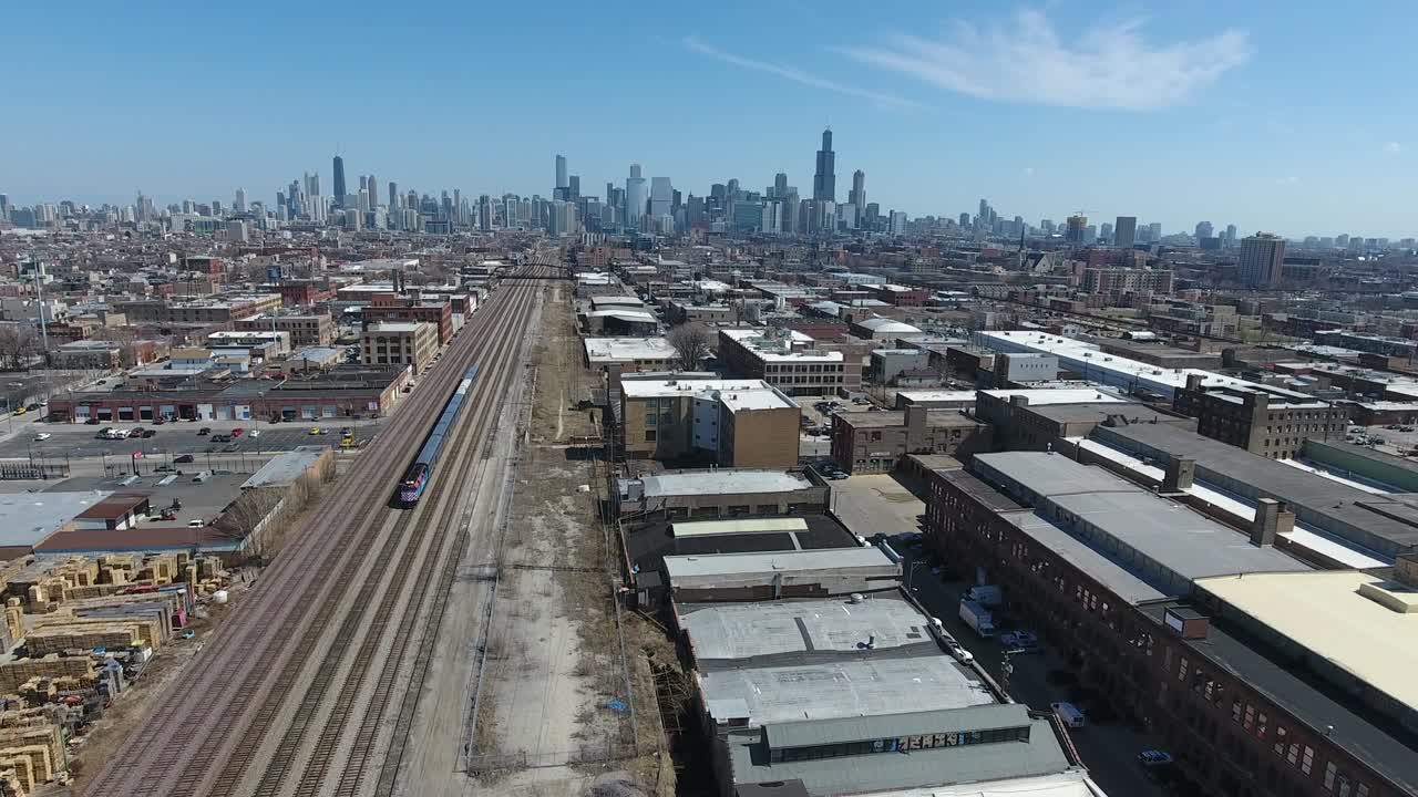 Chicago Skyline Train Tracks Metra Rolls Aerial