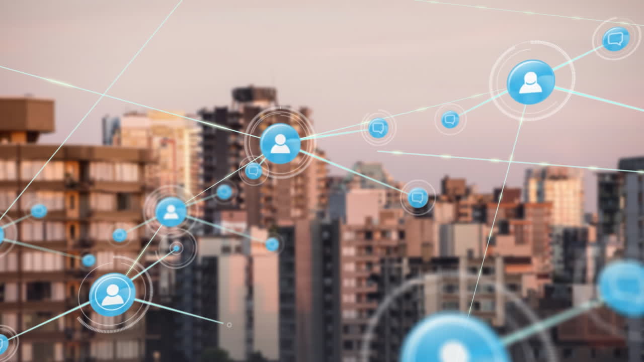 composición de la red de conexiones con iconos sobre el paisaje urbano.